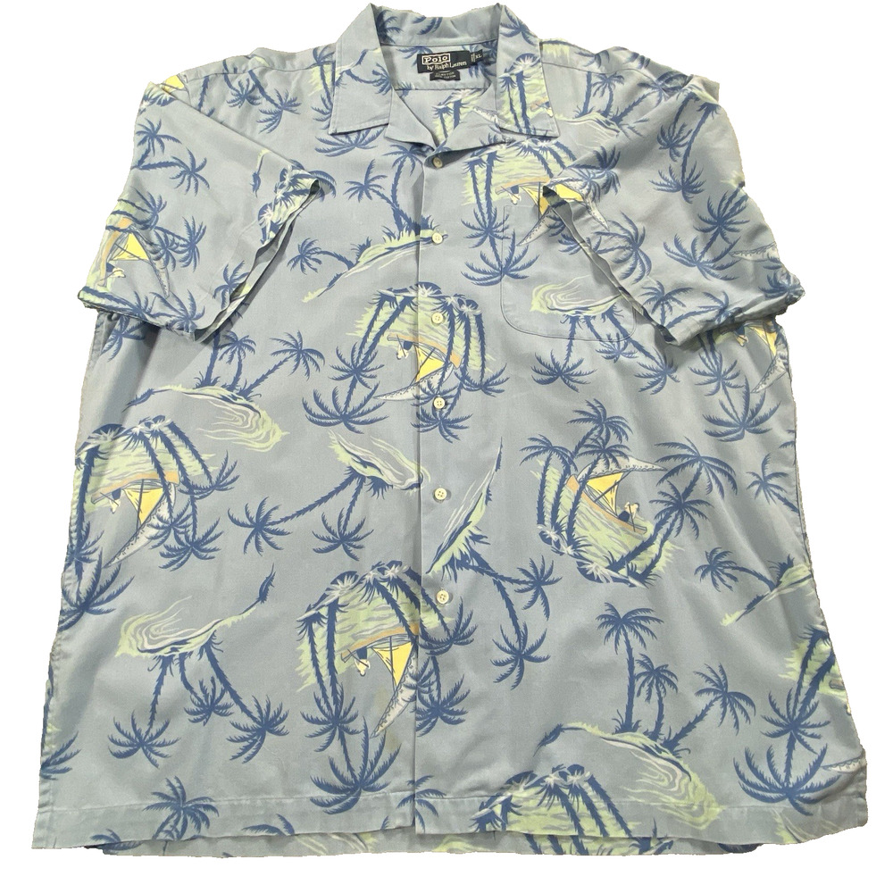 Vtg Polo Ralph Lauren Clayton Surfing Hawaiian Button Camp Shirt Blue Mens XL
